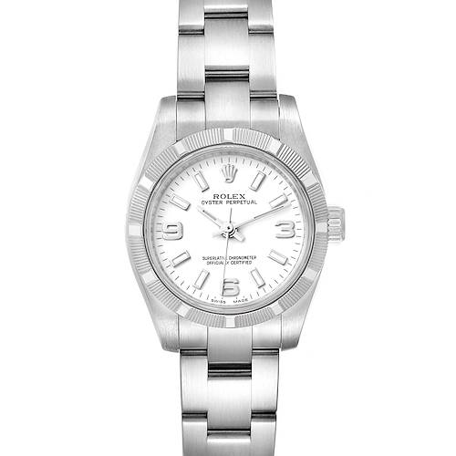 The image shows a front-facing Rolex Oyster Perpetual 176210 Women's Stainless Steel White Dial 176210 Women's Stainless Steel White Dial watch, displaying its dial, bezel, and stainless steel bracelet.