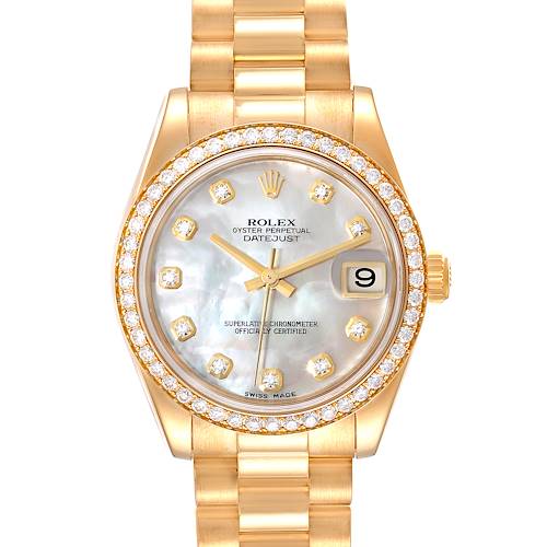 This image shows a front angle of the Rolex President 178288 Women's Yellow Gold Mother of Pearl Dial 178288 Women's Yellow Gold Mother of Pearl Dial model watch, displaying the face, bezel, and part of the bracelet.
