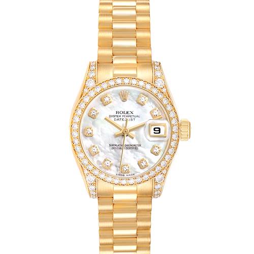 The Rolex President 179158 Women's Yellow Gold Mother of Pearl Dial 179158 Women's Yellow Gold Mother of Pearl Dial model watch is shown from the front, highlighting the dial, bezel, and bracelet.