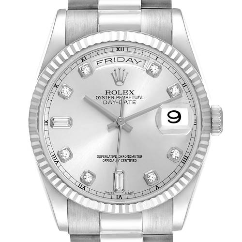 The Rolex President 118239A Men's White Gold Silver Dial 118239A Men's White Gold Silver Dial model is shown from a front angle, displaying the dial, fluted bezel, and bracelet.