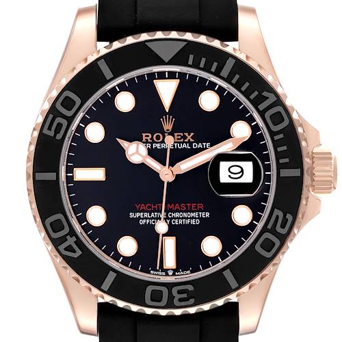 The Rolex Yacht-Master 126655 Men's Rose Gold Black Dial 126655 Men's Rose Gold Black Dial watch is shown from the front, displaying the dial, hands, bezel, and date window.