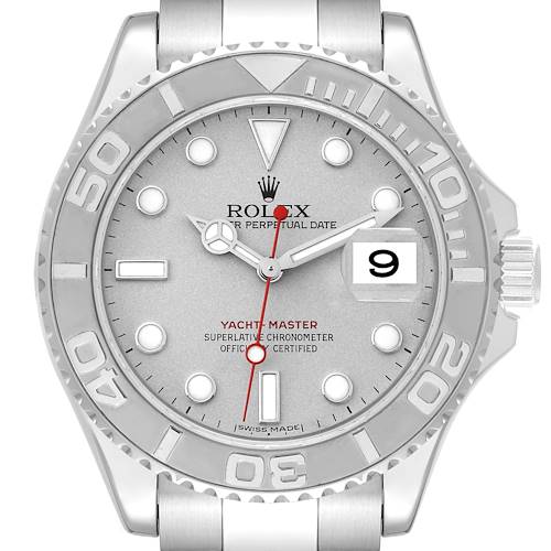 The front view of the Rolex Yacht-Master 16622 Men's Stainless Steel Silver Dial 16622 Men's Stainless Steel Silver Dial shows the dial, hands, bezel, crown, and bracelet attachment.