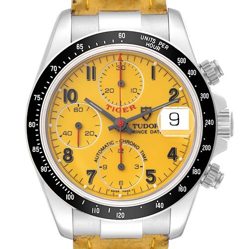 The image shows a frontal view of the Tudor Prince model watch, highlighting its yellow dial, chronographs, and date window.