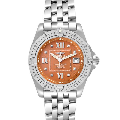 The image shows a front view of the Breitling A71356 Women's Stainless Steel Brown Dial A71356 Women's Stainless Steel Brown Dial Galactic Bronze Diamond Dial Steel Ladies Watch, model A71356, including the dial, bezel, and bracelet.