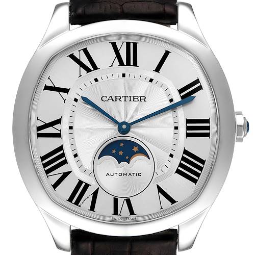 The image shows a front view of the Drive de Cartier watch by Cartier, featuring a moon phase display and Roman numerals.