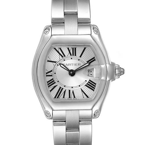 The image shows a front view of a Cartier Roadster W62016V3 Women's Stainless Steel Silver Dial W62016V3 Women's Stainless Steel Silver Dial watch, highlighting the dial, hands, case, and bracelet.