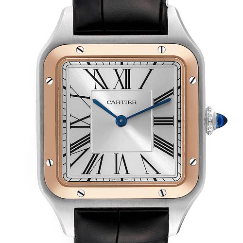 The image shows a front view of the Cartier Santos Dumont W2SA0011 Men's Steel and Gold (two tone) Silver Dial W2SA0011 Men's Steel and Gold (two tone) Silver Dial watch, highlighting its square face, Roman numerals, and black leather strap.