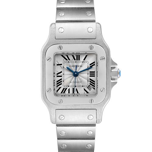 This image shows a front view of a Cartier Santos W20044D6 Women's Stainless Steel Silver Dial W20044D6 Women's Stainless Steel Silver Dial watch, displaying its face and bracelet.