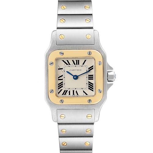 The Cartier Santos W20012C4 Women's Steel and Gold (two tone) Silver Dial W20012C4 Women's Steel and Gold (two tone) Silver Dial watch is shown from a front angle, highlighting its square dial, two-tone bezel, and metal bracelet.