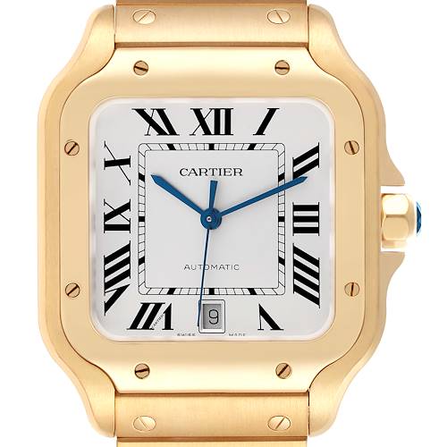 The Cartier Santos WGSA029 Men's Yellow Gold Silver Dial WGSA029 Men's Yellow Gold Silver Dial watch is shown from a front angle, highlighting the dial, bezel, and part of the bracelet.