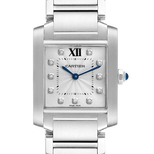 This image shows a front view of the Cartier Tank Francaise WE110007 Women's Stainless Steel Silver Dial WE110007 Women's Stainless Steel Silver Dial watch, highlighting its rectangular face, blue hands, and metal bracelet.