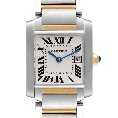 This image shows a close-up front view of the Cartier Tank Francaise W51012Q4 Women's Steel and Gold (two tone) Silver Dial W51012Q4 Women's Steel and Gold (two tone) Silver Dial watch, highlighting its face, bezel, and part of the bracelet.