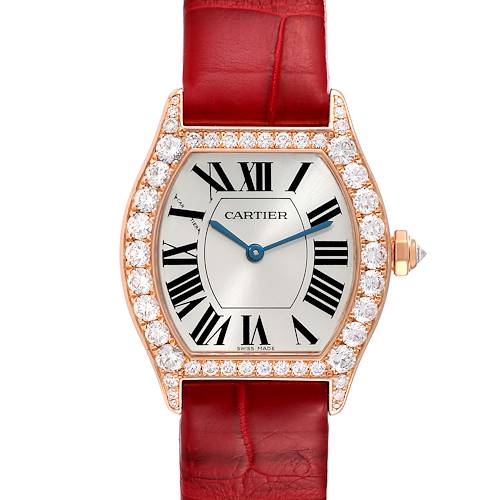 The image shows a Cartier Tortue WA507031 Women's Rose Gold Silver Dial WA507031 Women's Rose Gold Silver Dial watch face and a portion of the red strap from a front view.