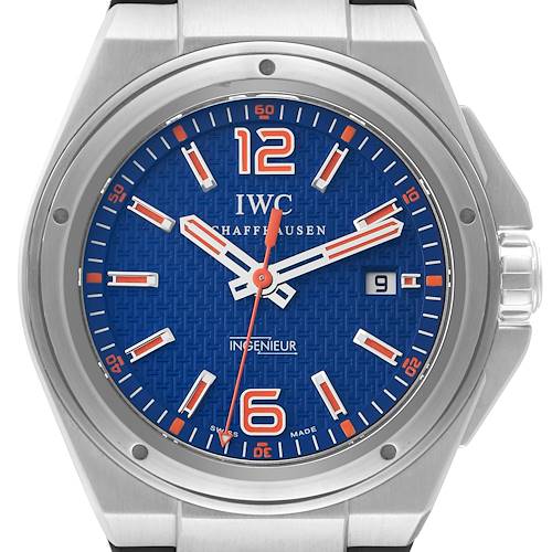 The image shows a front view of the IWC Ingenieur IW323603 Men's Stainless Steel Blue Dial IW323603 Men's Stainless Steel Blue Dial watch, highlighting the blue dial, orange accents, date display, and stainless steel case.