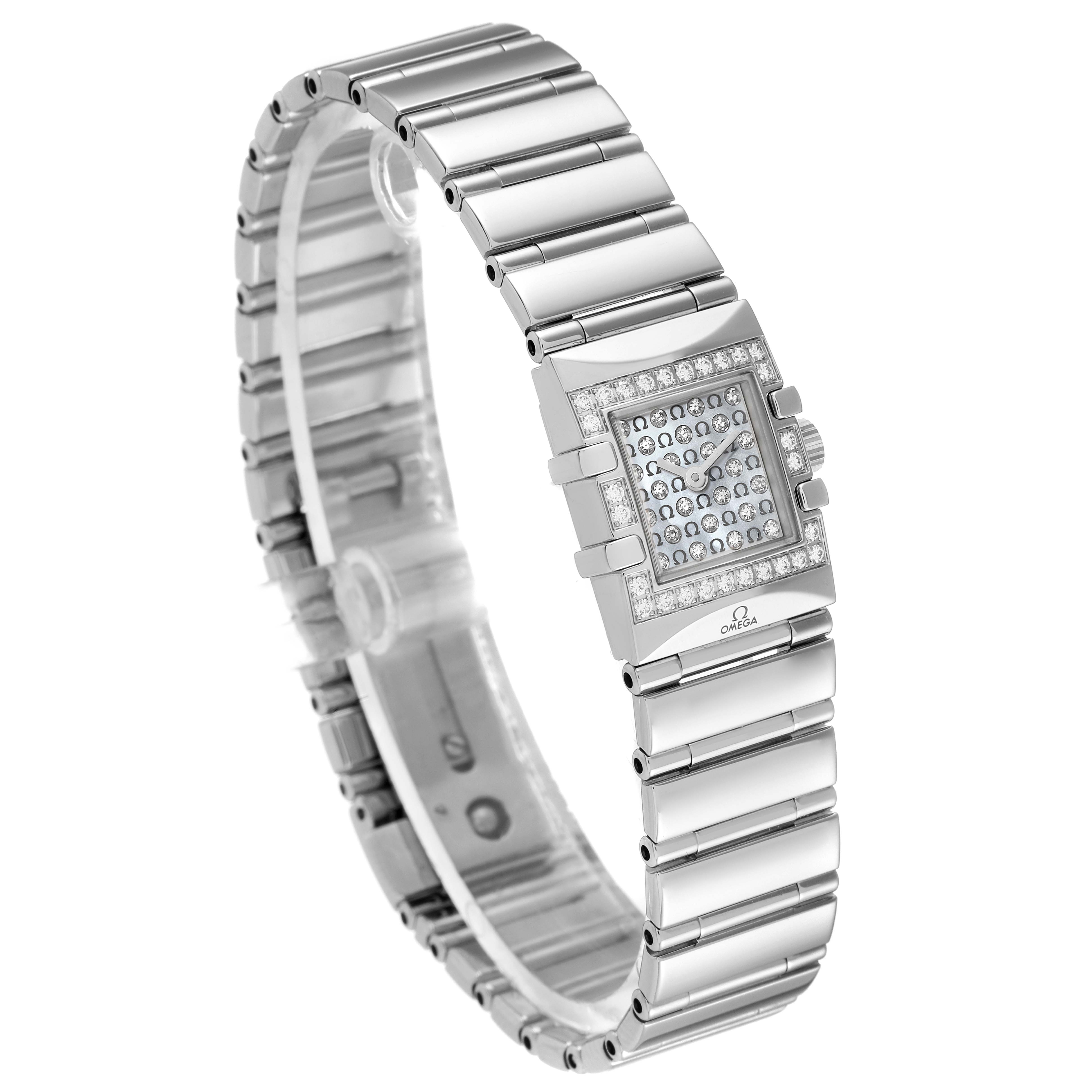 The Omega 1539.77.00 Women's Stainless Steel Mother of Pearl Dial 1539.77.00 Women's Stainless Steel Mother of Pearl Dial Constellation Quadra MOP Diamond Steel Ladies Watch 1539.77.00 is shown at an angled side view highlighting the bracelet and diamond-studded square face.