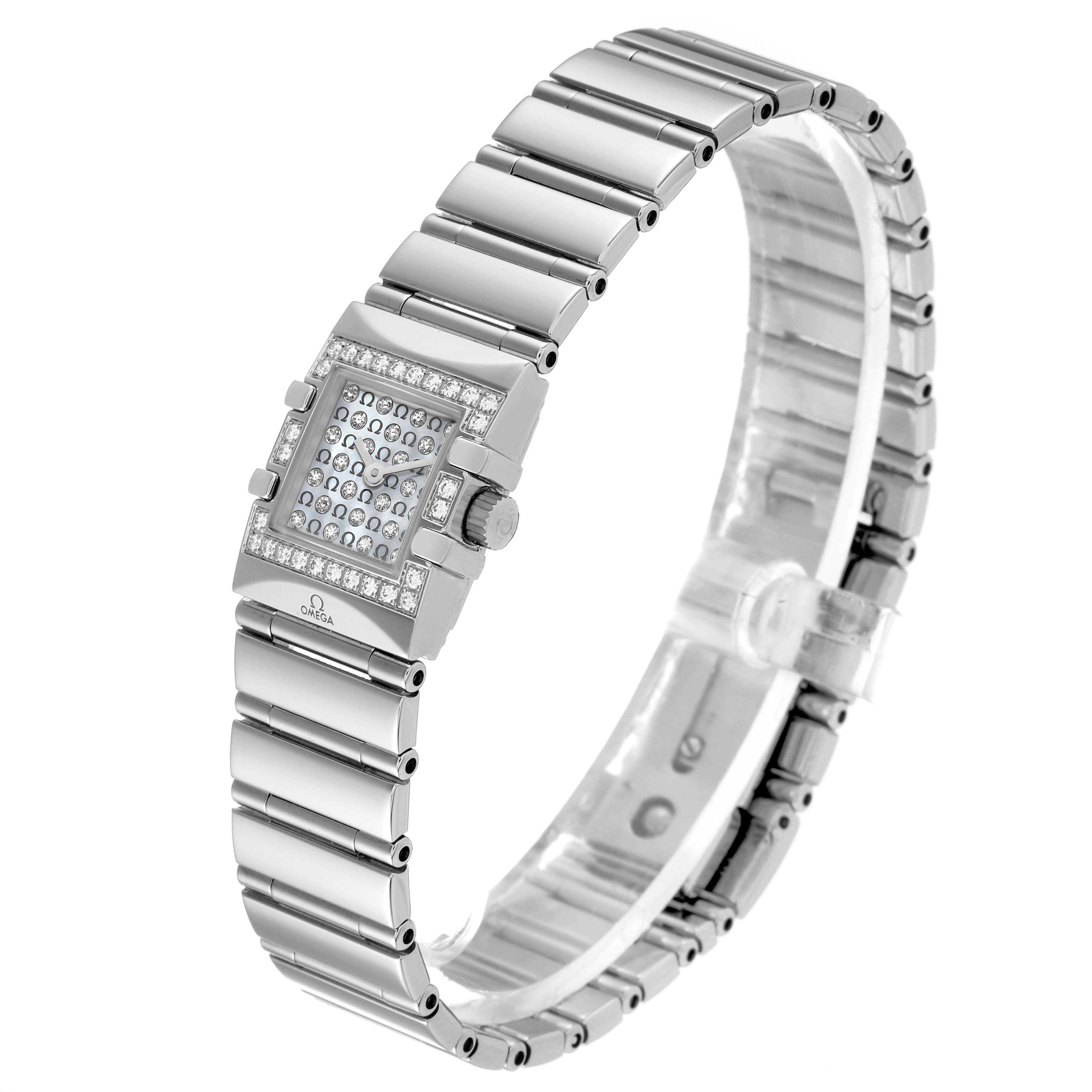 The image shows a close-up angle of the Omega 1539.77.00 Women's Stainless Steel Mother of Pearl Dial 1539.77.00 Women's Stainless Steel Mother of Pearl Dial Constellation Quadra MOP Diamond Steel Ladies Watch 1539.77.00 with its band fully visible.