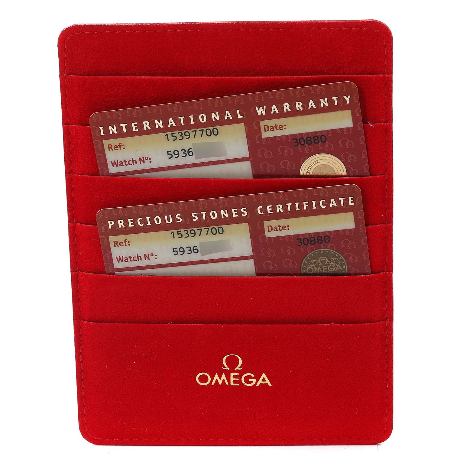 The image shows the warranty and certificate cards for the Omega 1539.77.00 Women's Stainless Steel Mother of Pearl Dial 1539.77.00 Women's Stainless Steel Mother of Pearl Dial Constellation Quadra MOP Diamond Steel Ladies Watch 1539.77.00 in a red cardholder.