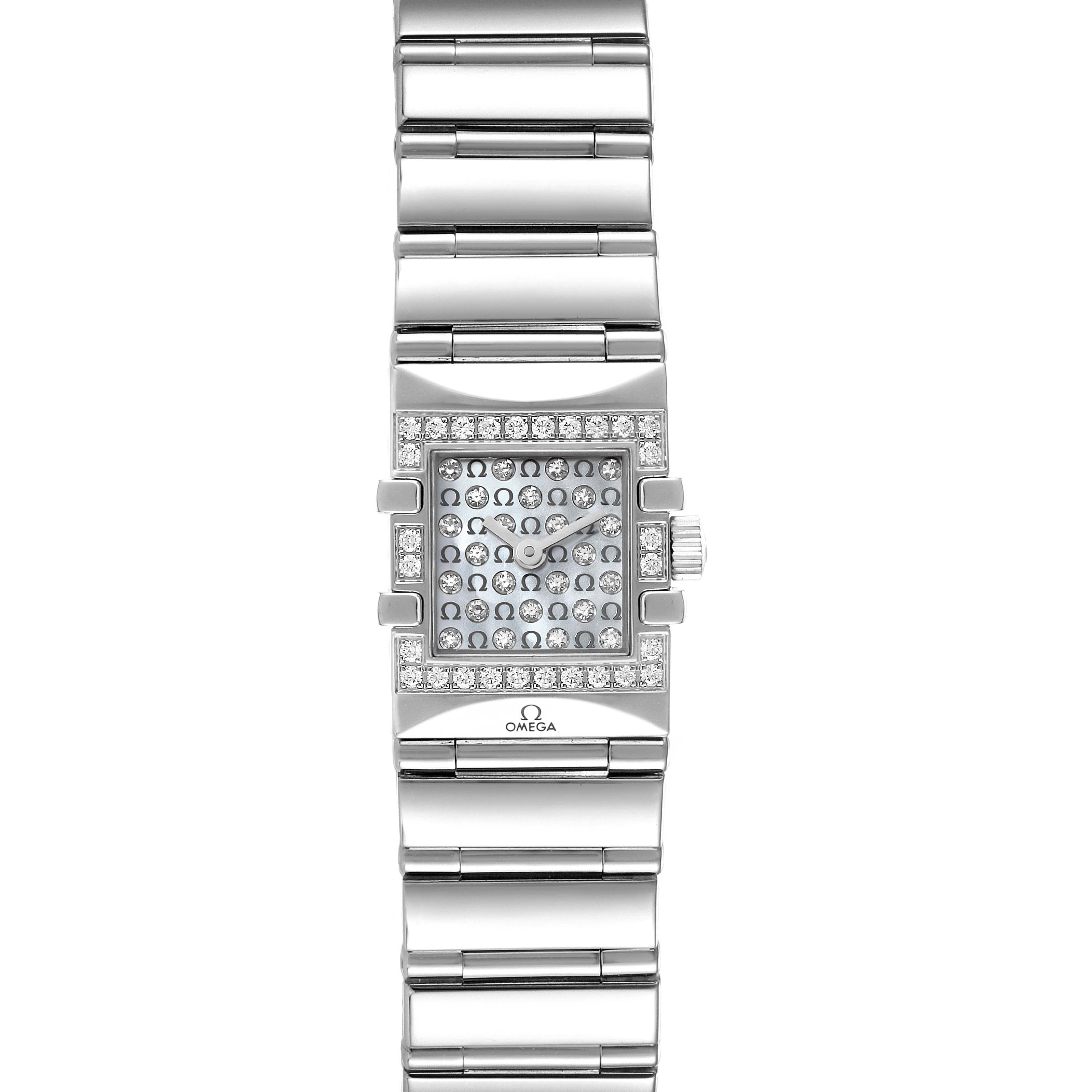 The image shows a full frontal view of the Omega 1539.77.00 Women's Stainless Steel Mother of Pearl Dial 1539.77.00 Women's Stainless Steel Mother of Pearl Dial Constellation Quadra MOP Diamond Steel Ladies Watch 1539.77.00, highlighting the dial and bracelet.