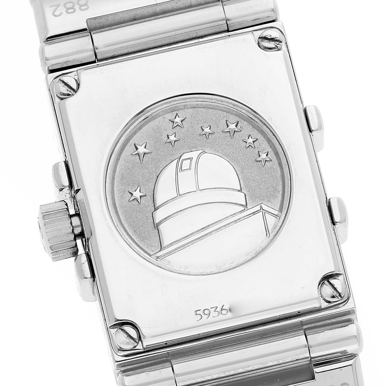 The image shows the back of the Omega 1539.77.00 Women's Stainless Steel Mother of Pearl Dial 1539.77.00 Women's Stainless Steel Mother of Pearl Dial Constellation Quadra MOP Diamond Steel Ladies Watch 1539.77.00, highlighting the observatory engraving.