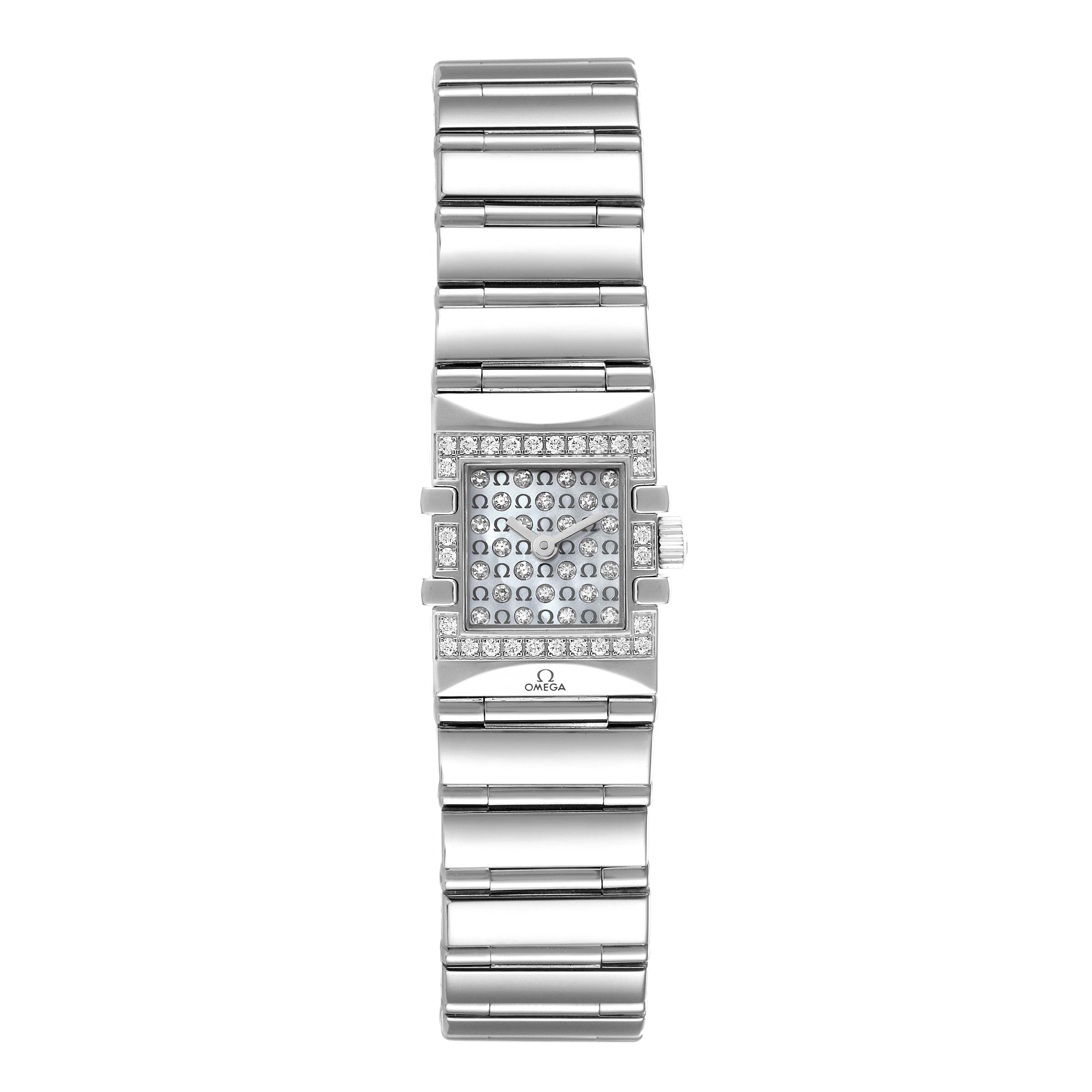 The image shows a front view of the Omega 1539.77.00 Women's Stainless Steel Mother of Pearl Dial 1539.77.00 Women's Stainless Steel Mother of Pearl Dial Constellation Quadra MOP Diamond Steel Ladies Watch 1539.77.00, featuring its bracelet and diamond-adorned face.