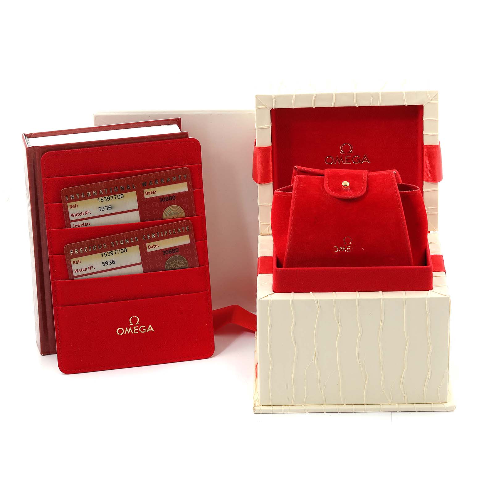 The image shows the Omega 1539.77.00 Women's Stainless Steel Mother of Pearl Dial 1539.77.00 Women's Stainless Steel Mother of Pearl Dial Constellation Quadra MOP Diamond Steel Ladies Watch 1539.77.00 with its box, certificate holder, and paperwork.