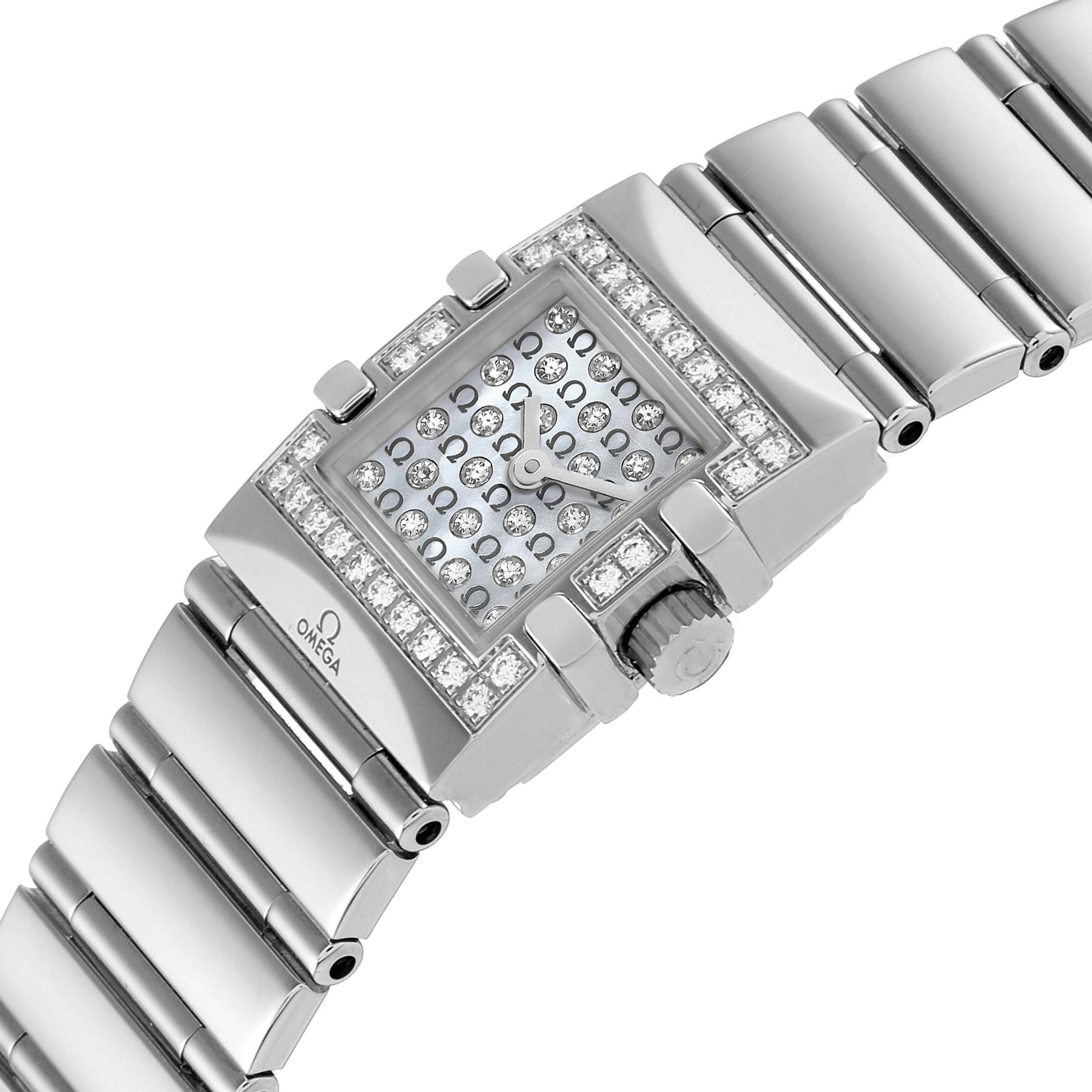 The image shows an angled view of the Omega 1539.77.00 Women's Stainless Steel Mother of Pearl Dial 1539.77.00 Women's Stainless Steel Mother of Pearl Dial Constellation Quadra MOP Diamond Steel Ladies Watch 1539.77.00, focusing on the diamond-studded face and band.