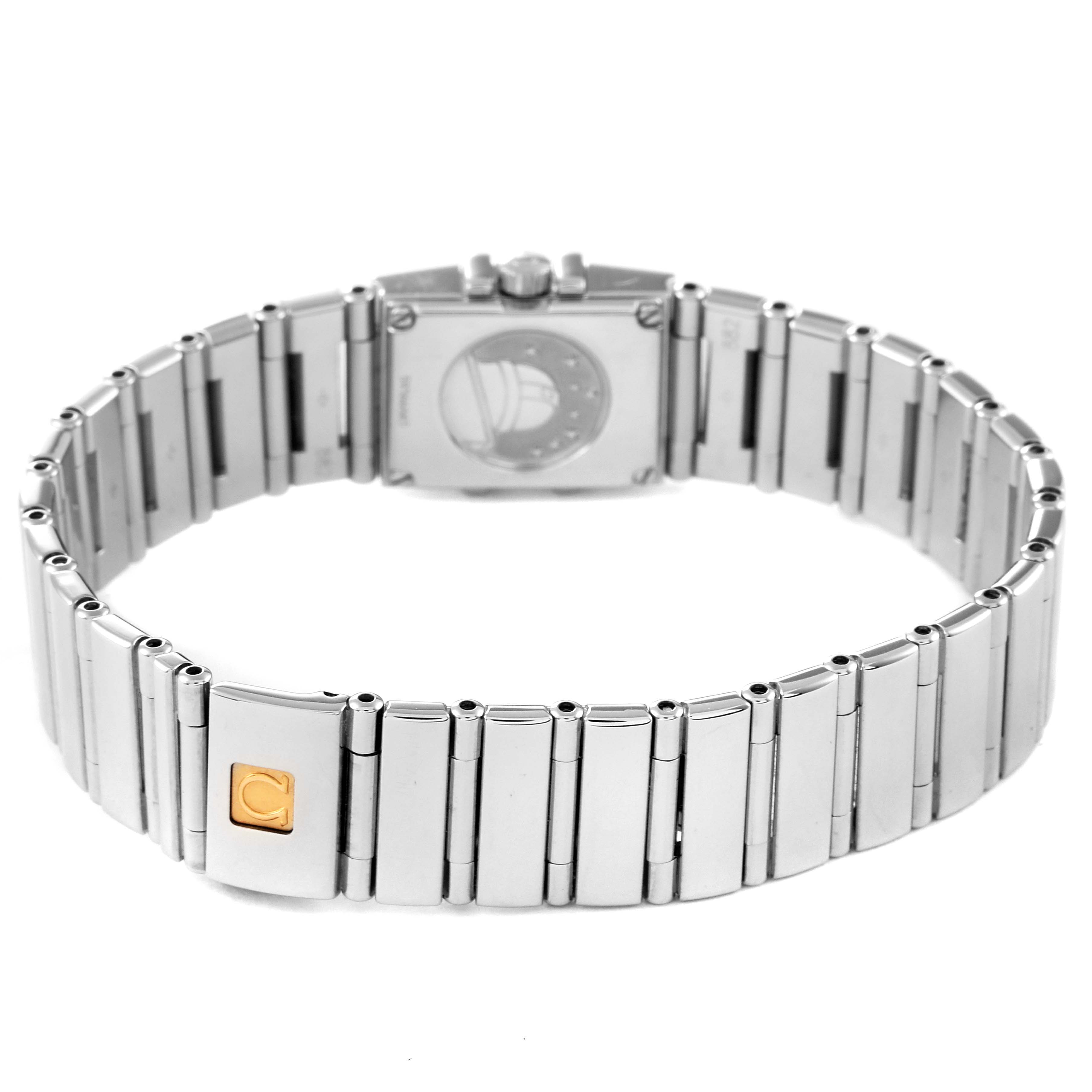 The image shows the back and bracelet of the Omega 1539.77.00 Women's Stainless Steel Mother of Pearl Dial 1539.77.00 Women's Stainless Steel Mother of Pearl Dial Constellation Quadra MOP Diamond Steel Ladies Watch 1539.77.00.