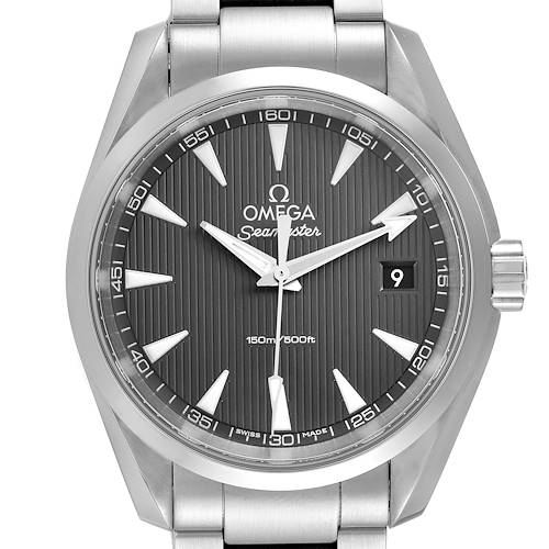 The image shows a frontal view of an Omega Aqua Terra 231.10.39.60.06.001 Men's Stainless Steel Grey Dial 231.10.39.60.06.001 Men's Stainless Steel Grey Dial watch, highlighting the dial, hands, date window, and part of the bracelet.