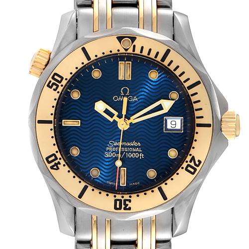The image shows a front view of an Omega Seamaster 2362.80.00 Men's Steel and Gold (two tone) Blue Dial 2362.80.00 Men's Steel and Gold (two tone) Blue Dial watch, highlighting the blue dial, gold details, date window, and metal bracelet.