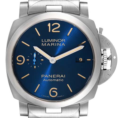 The image shows a front view of the Panerai Luminor PAM01058 Men's Stainless Steel Blue Dial PAM01058 Men's Stainless Steel Blue Dial watch, highlighting its blue dial, numerals, and metal bracelet.