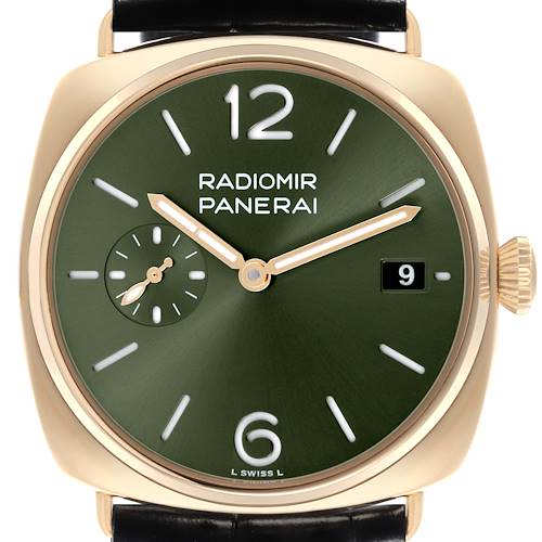 The image shows a Panerai Radiomir PAM01437 Men's Yellow Gold Green Dial PAM01437 Men's Yellow Gold Green Dial watch from the front, highlighting the dial, crown, and strap attachment.