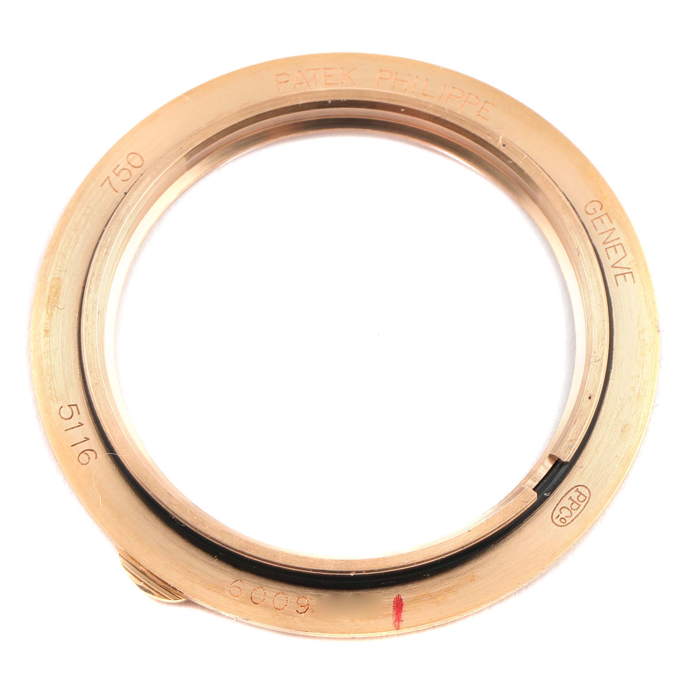 This image shows the bezel of a Patek Philippe Calatrava 5116R Men's Rose Gold White Dial 5116R Men's Rose Gold White Dial model watch, viewed from above.