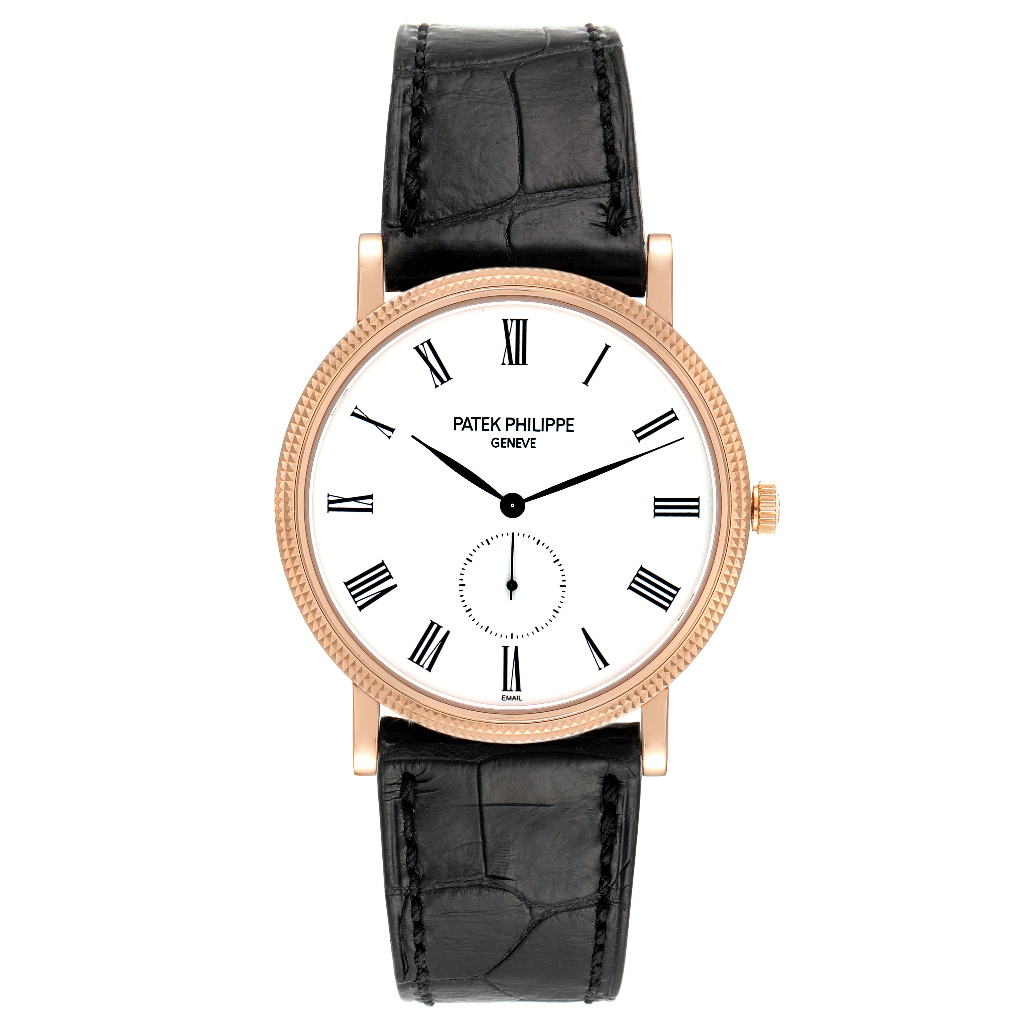 This image shows a front view of the Patek Philippe Calatrava 5116R Men's Rose Gold White Dial 5116R Men's Rose Gold White Dial watch, highlighting its dial, hands, and black leather strap.