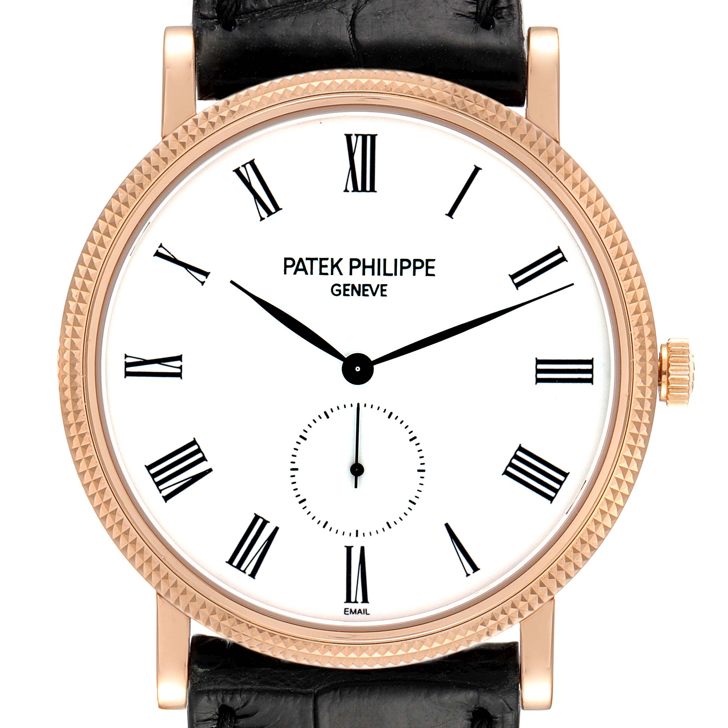 This is a front view of a Patek Philippe Calatrava 5116R Men's Rose Gold White Dial 5116R Men's Rose Gold White Dial watch, showcasing its face, hands, crown, and leather strap.