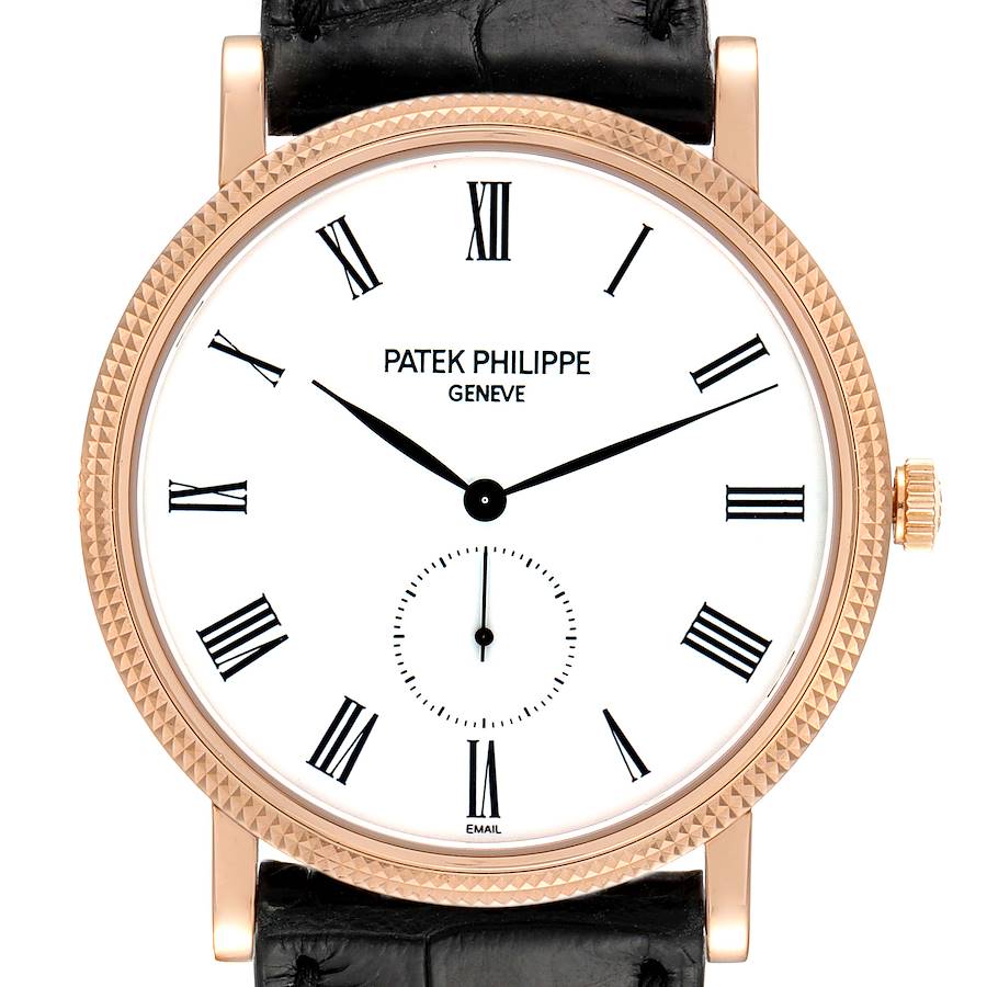 This is a front view of a Patek Philippe Calatrava 5116R Men's Rose Gold White Dial 5116R Men's Rose Gold White Dial watch, showcasing its face, hands, crown, and leather strap.
