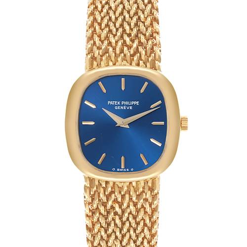 The Patek Philippe Golden Ellipse 4223 Women's Yellow Gold Blue Dial 4223 Women's Yellow Gold Blue Dial watch is shown from the front, highlighting the blue dial, gold case, and woven bracelet.