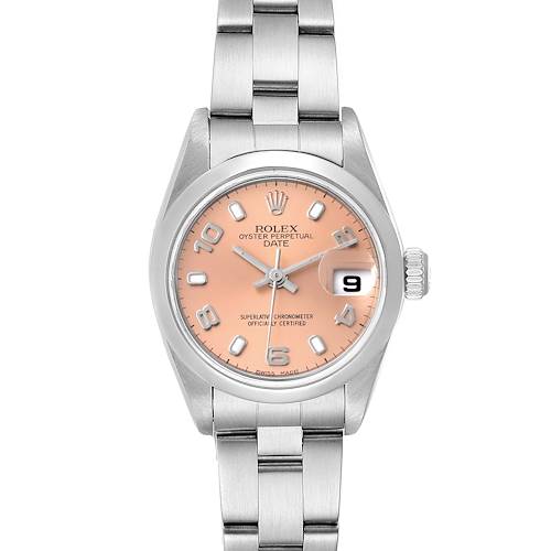 The watch is a Rolex Date 79160 Women's Stainless Steel Pink Dial 79160 Women's Stainless Steel Pink Dial model, shown from the front, displaying its pink dial, steel bracelet, crown, and date window.