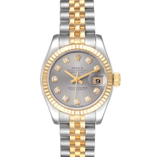 This image shows the Rolex Datejust 179173 Women's Steel and Gold (two tone) Grey Dial 179173 Women's Steel and Gold (two tone) Grey Dial watch from a top-down angle, highlighting its face, dial, bezel, and bracelet.