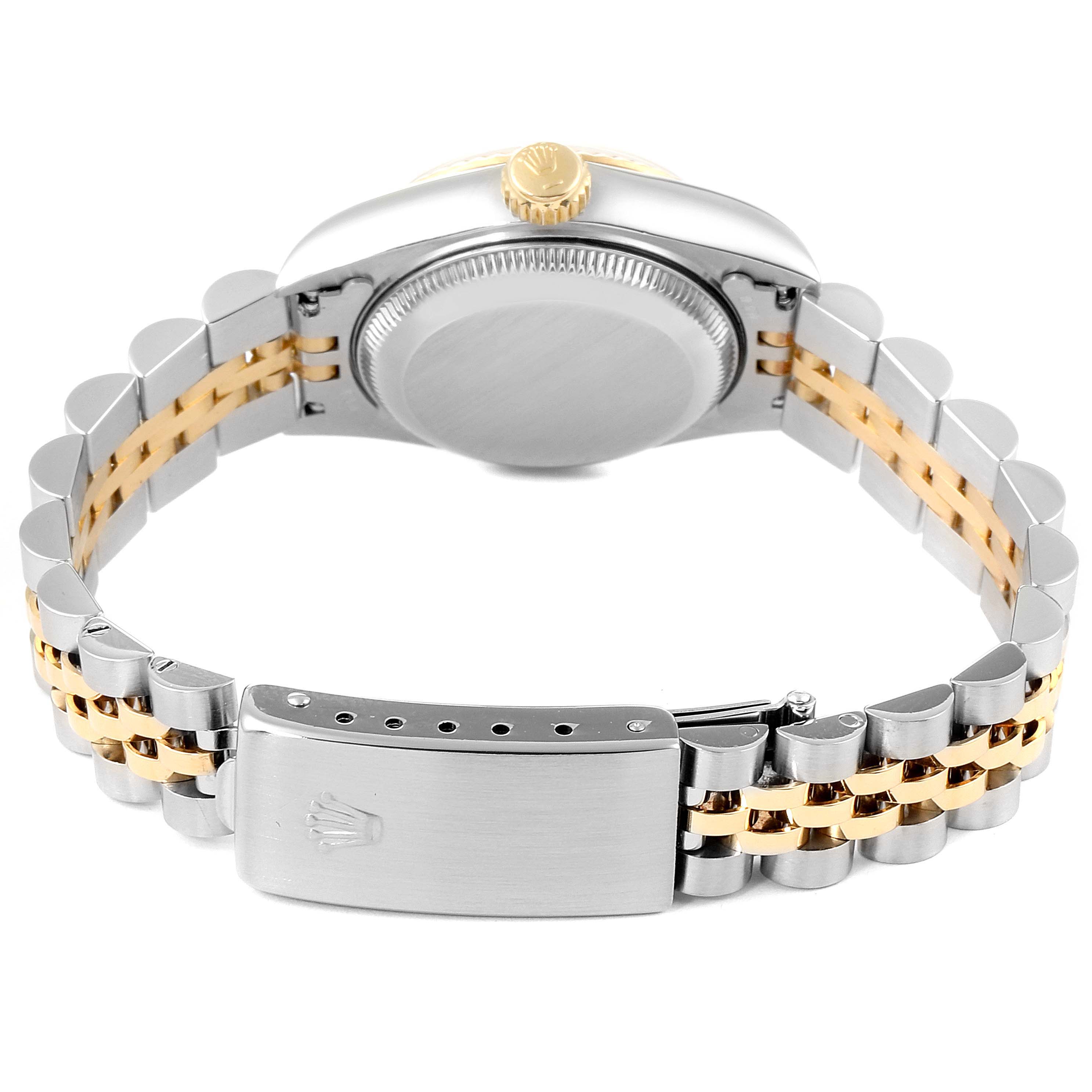 The image shows the back of the Rolex Datejust 69173 Women's Steel and Gold (two tone) Champagne Dial 69173 Women's Steel and Gold (two tone) Champagne Dial watch, displaying the case back and the jubilee bracelet with a clasp.