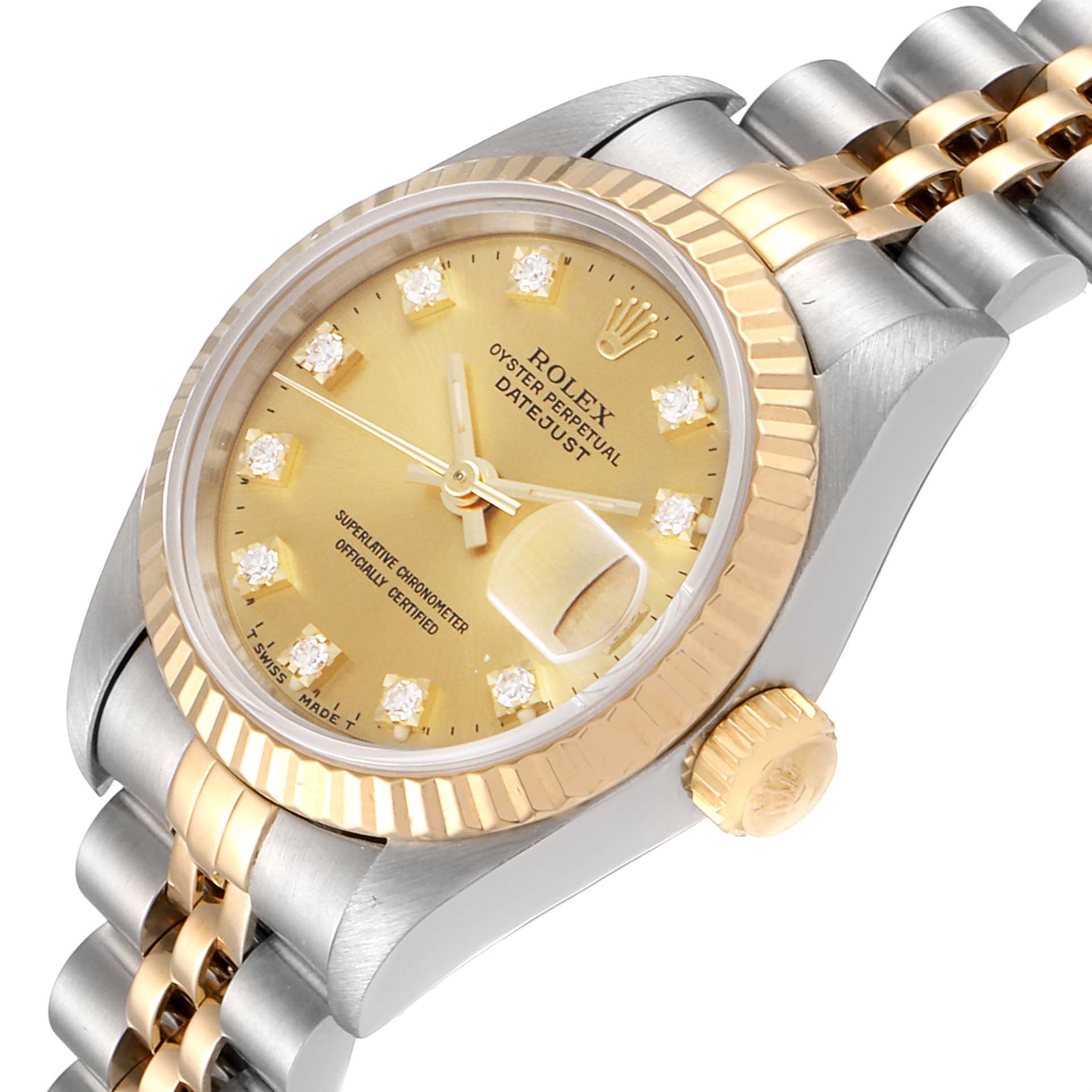 The image shows a close-up angled view of a Rolex Datejust 69173 Women's Steel and Gold (two tone) Champagne Dial 69173 Women's Steel and Gold (two tone) Champagne Dial watch, highlighting its bezel, crown, dial, and part of the bracelet.