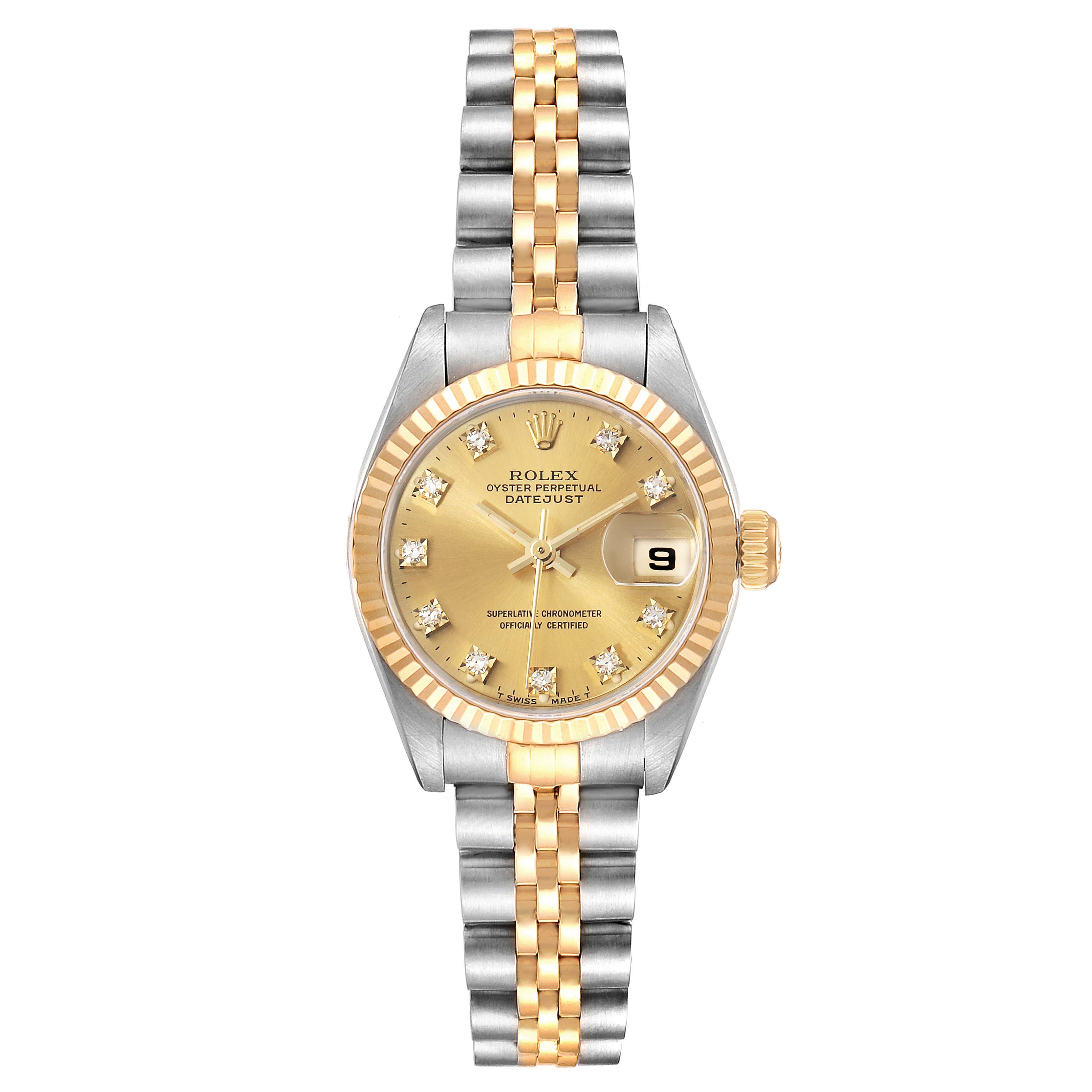 This is a head-on view of a Rolex Datejust 69173 Women's Steel and Gold (two tone) Champagne Dial 69173 Women's Steel and Gold (two tone) Champagne Dial, showcasing the dial, bezel, and bracelet.