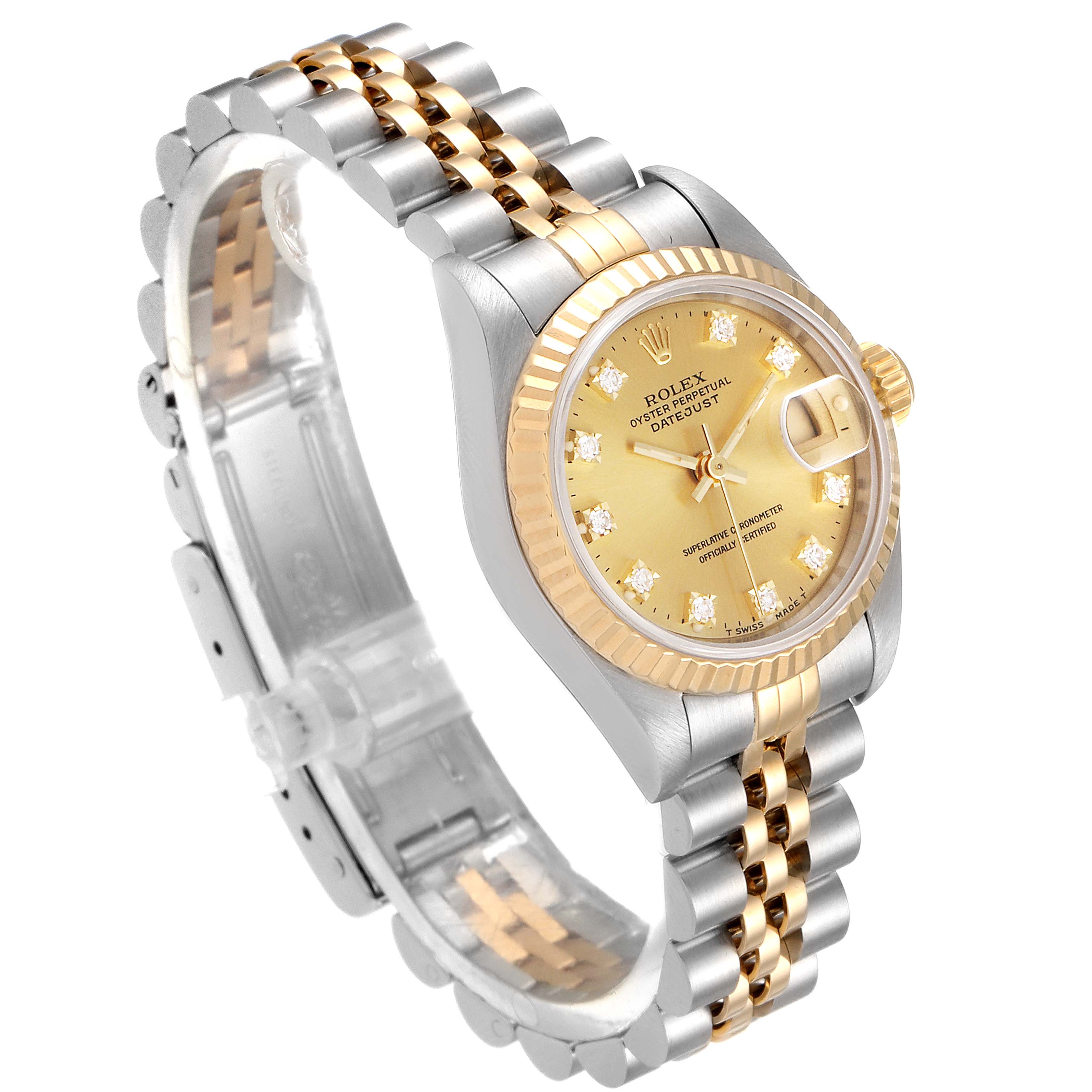 The image shows a Rolex Datejust 69173 Women's Steel and Gold (two tone) Champagne Dial 69173 Women's Steel and Gold (two tone) Champagne Dial watch from an angled side view, highlighting the two-tone bracelet, bezel, and dial.