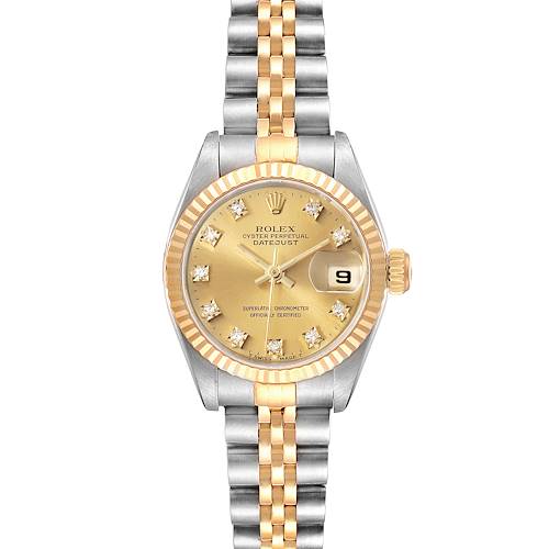 This image shows a frontal view of a Rolex Datejust 69173 Women's Steel and Gold (two tone) Champagne Dial 69173 Women's Steel and Gold (two tone) Champagne Dial watch, displaying its dial, bezel, bracelet, and date window.