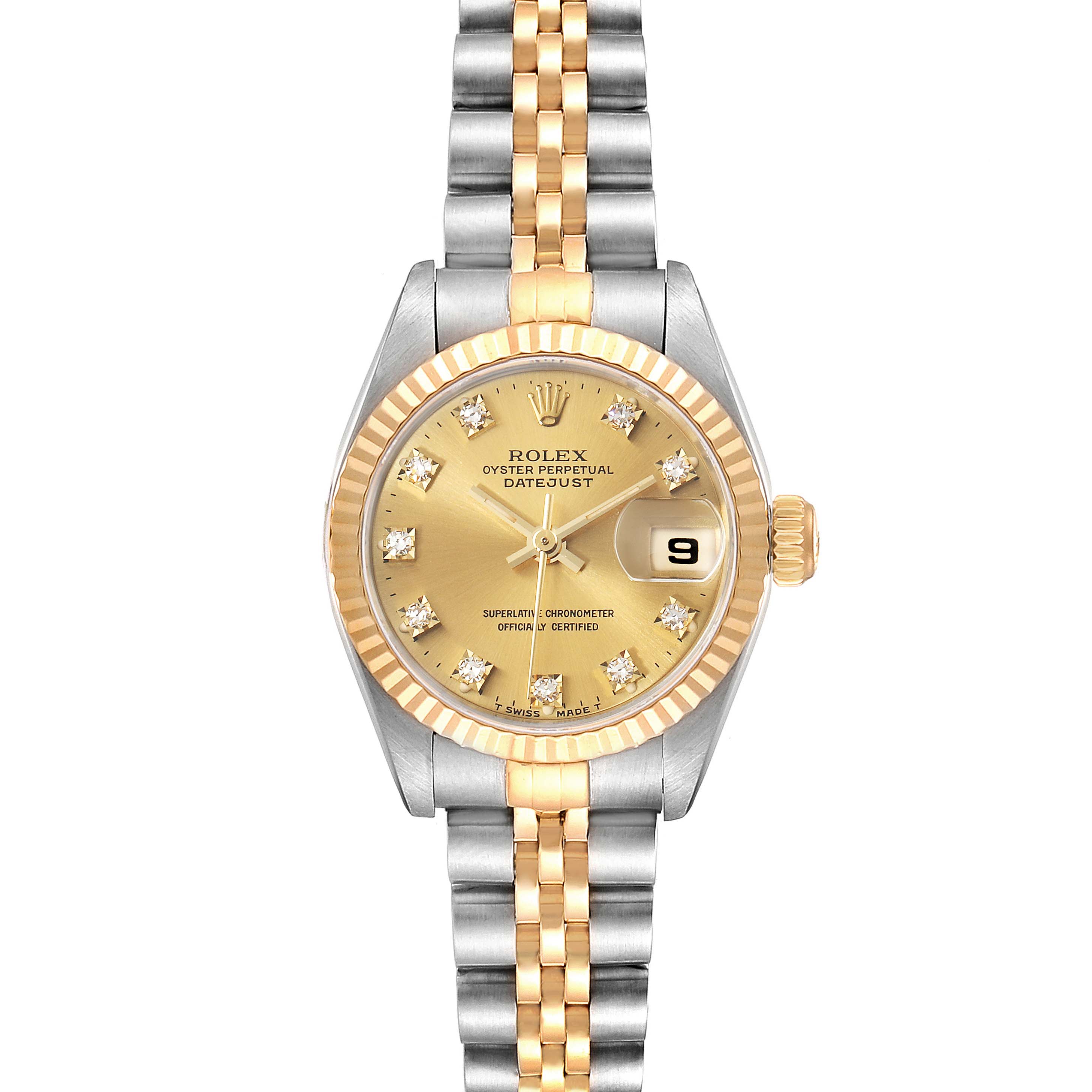 This image shows a front view of the Rolex Datejust 69173 Women's Steel and Gold (two tone) Champagne Dial 69173 Women's Steel and Gold (two tone) Champagne Dial watch, highlighting the dial, bezel, and bracelet.