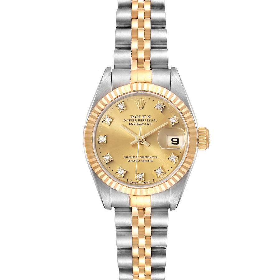 This image shows a front view of the Rolex Datejust 69173 Women's Steel and Gold (two tone) Champagne Dial 69173 Women's Steel and Gold (two tone) Champagne Dial watch, highlighting the dial, bezel, and bracelet.