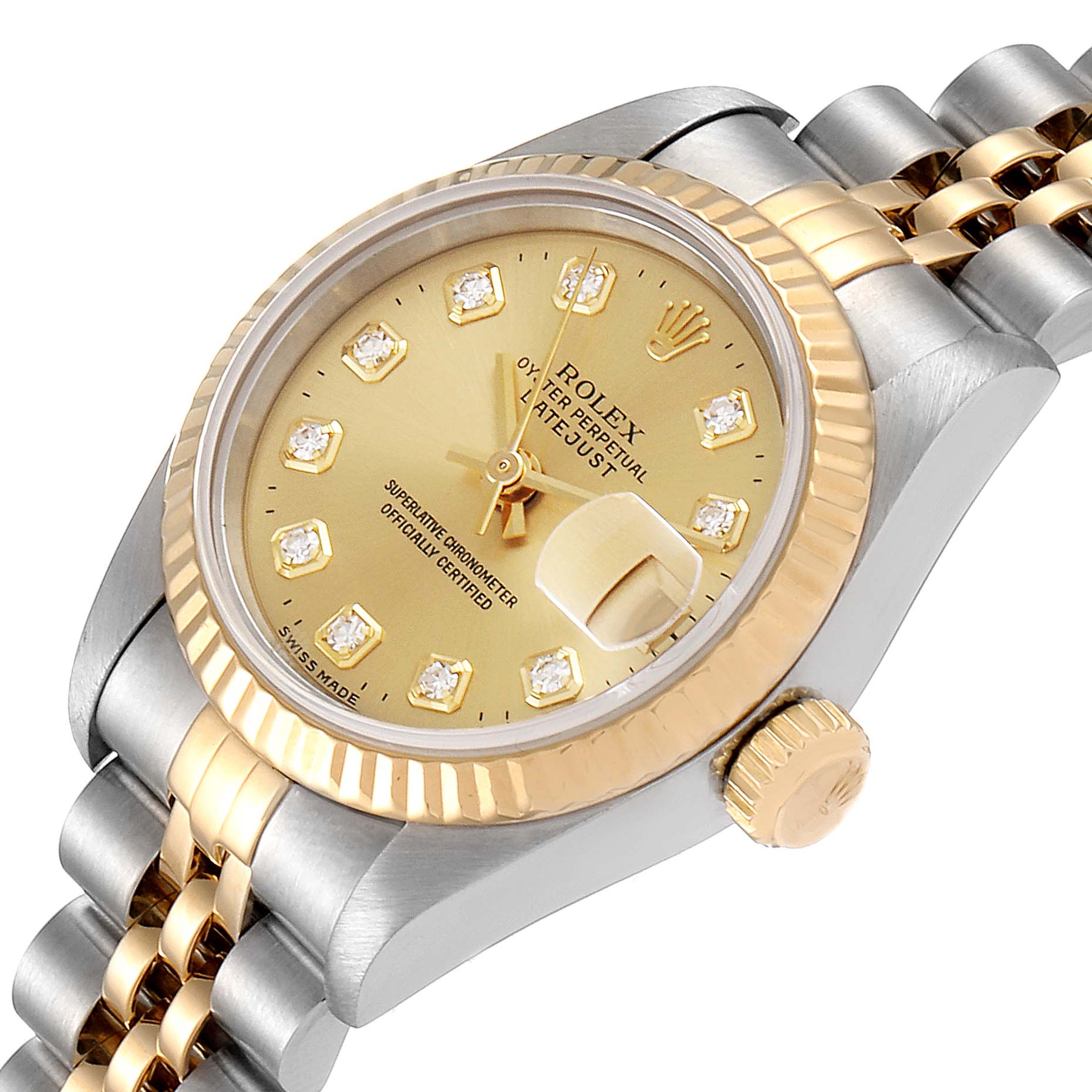 The image shows a Rolex Datejust 69173 Women's Steel and Gold (two tone) Champagne Dial 69173 Women's Steel and Gold (two tone) Champagne Dial watch at an angled top view highlighting the gold dial, bezel, and partially the bracelet.