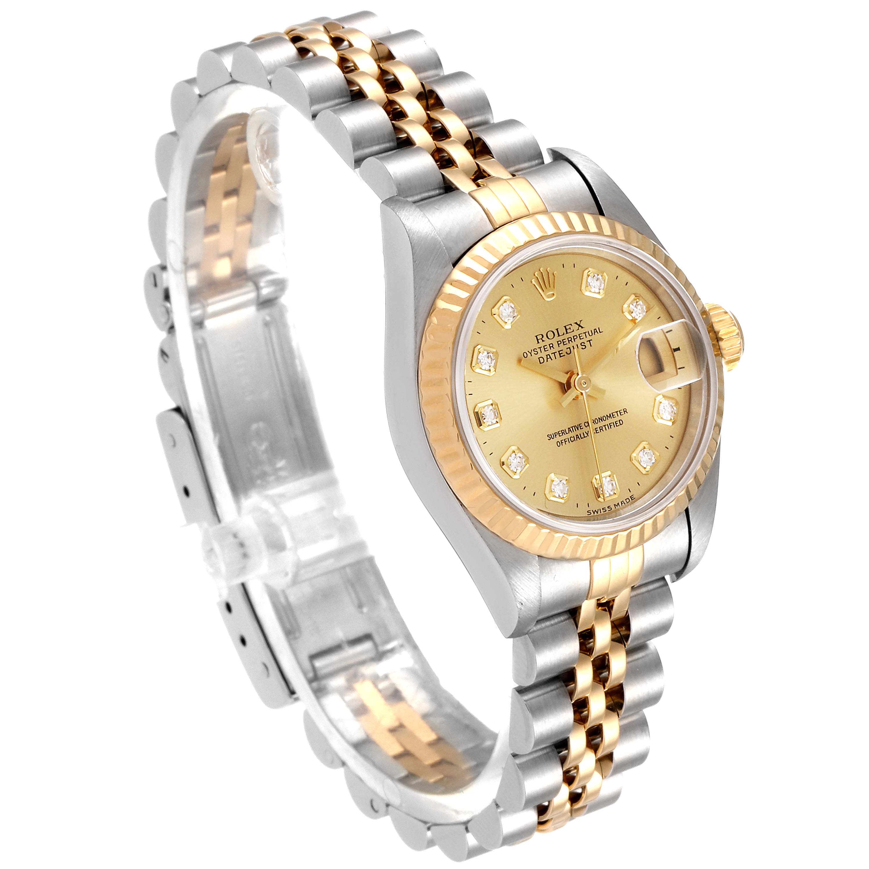 The image shows a Rolex Datejust 69173 Women's Steel and Gold (two tone) Champagne Dial 69173 Women's Steel and Gold (two tone) Champagne Dial watch at a three-quarter angle, displaying the face, bezel, and Jubilee bracelet.
