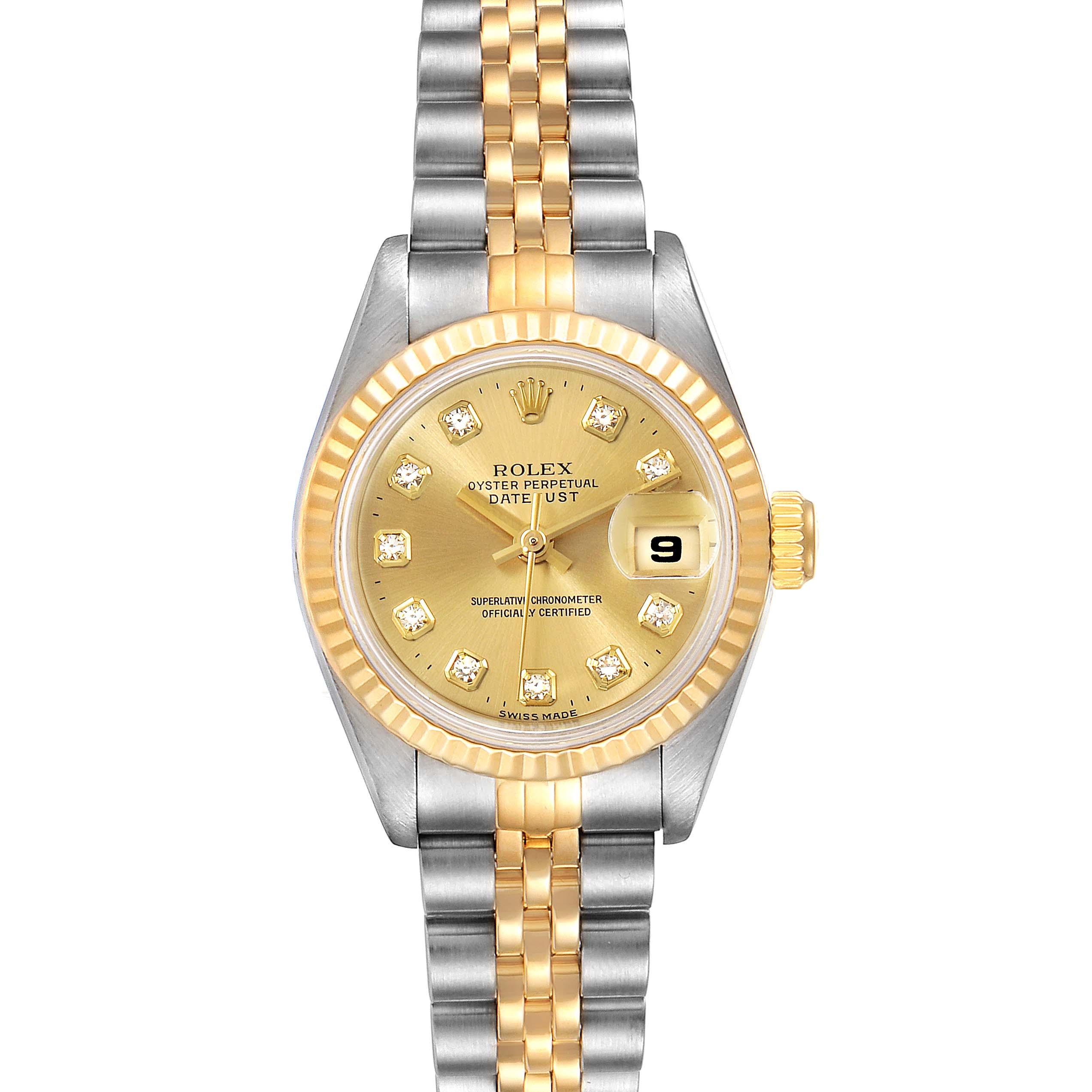 The Rolex Datejust 69173 Women's Steel and Gold (two tone) Champagne Dial 69173 Women's Steel and Gold (two tone) Champagne Dial watch is shown from a top-down angle, displaying its face, bezel, and bracelet.
