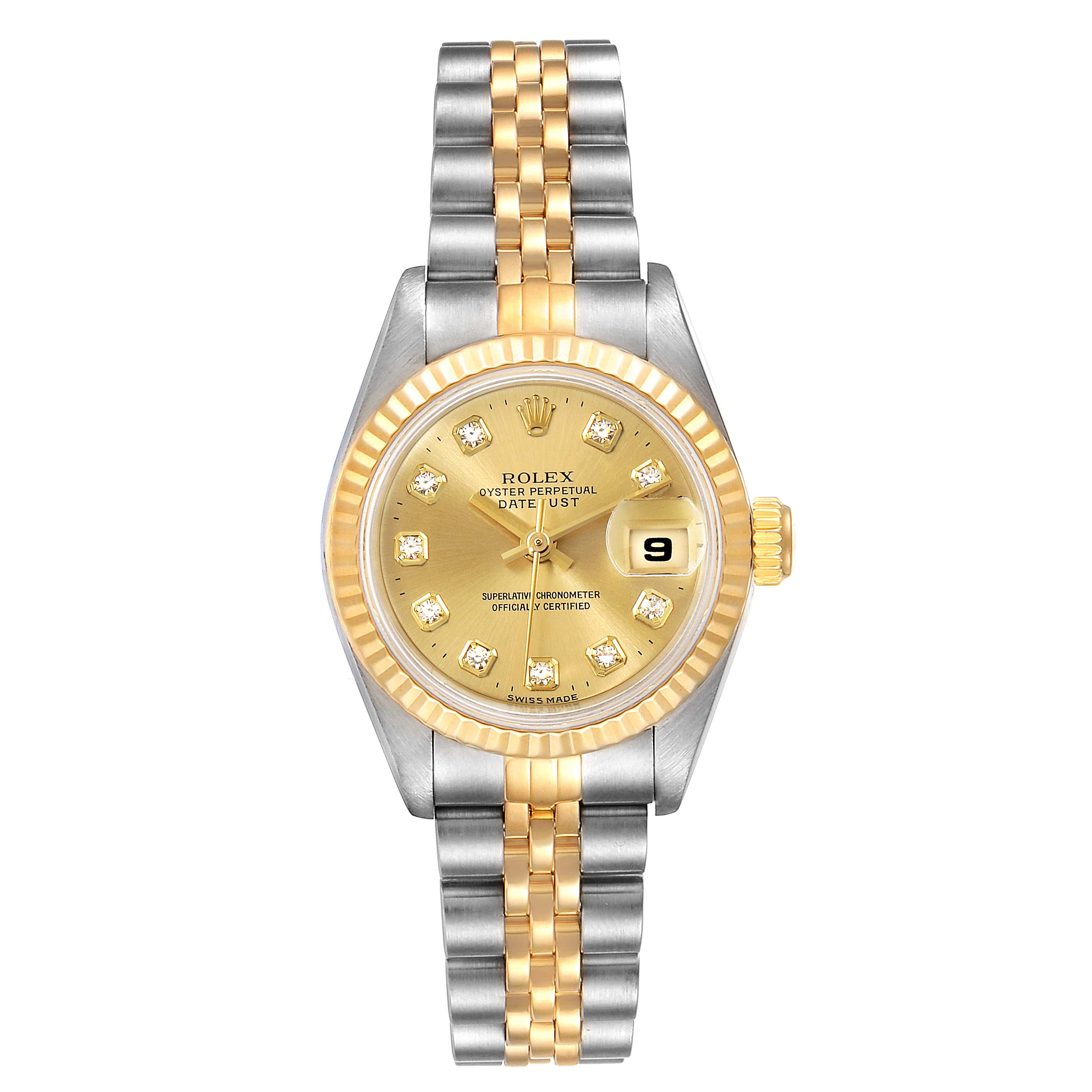 This image shows a front view of a Rolex Datejust 69173 Women's Steel and Gold (two tone) Champagne Dial 69173 Women's Steel and Gold (two tone) Champagne Dial watch, showcasing its gold dial, diamond hour markers, date display, and two-tone band.
