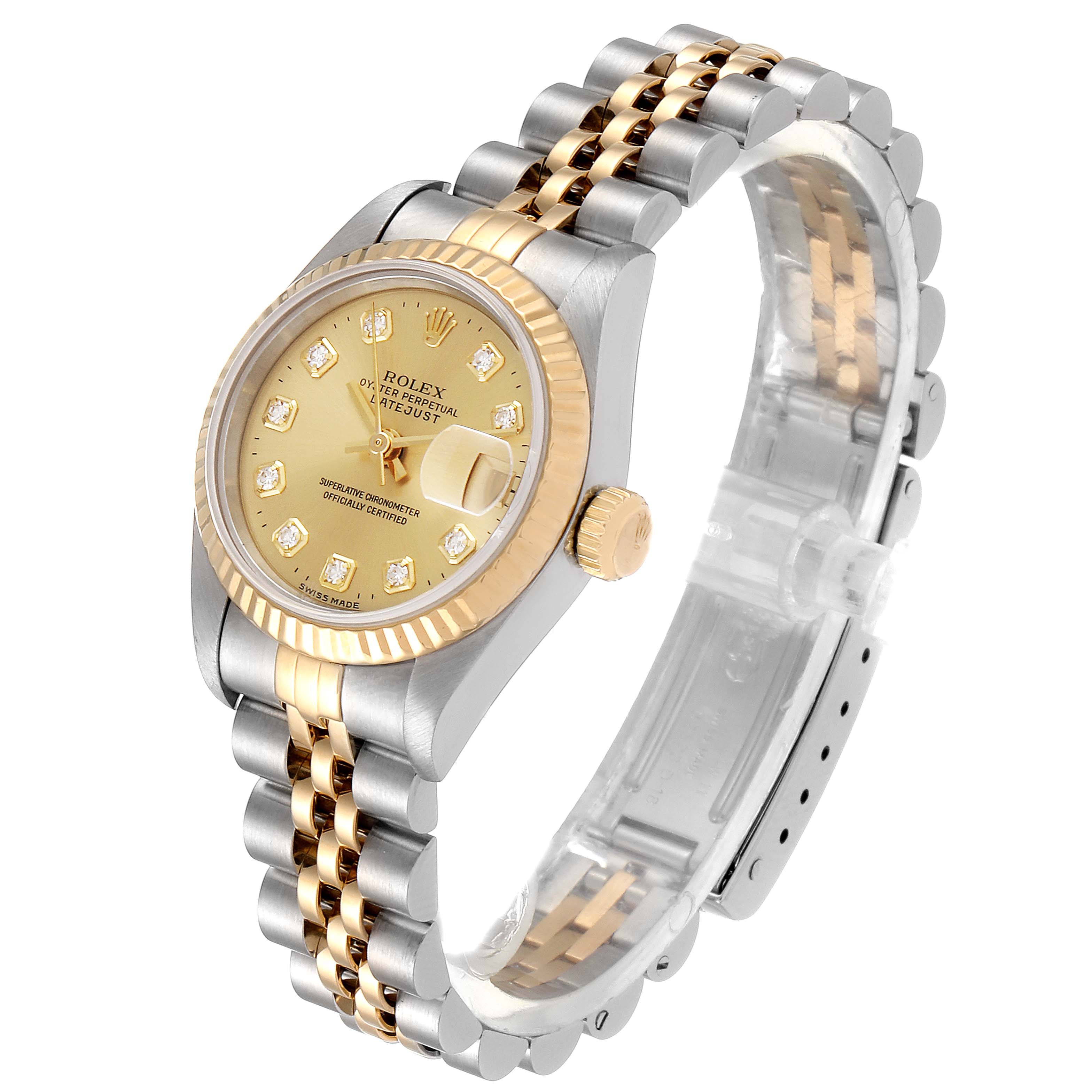 This image shows a Rolex Datejust 69173 Women's Steel and Gold (two tone) Champagne Dial 69173 Women's Steel and Gold (two tone) Champagne Dial watch at an angle, displaying its face, dial, bezel, and two-tone jubilee bracelet.